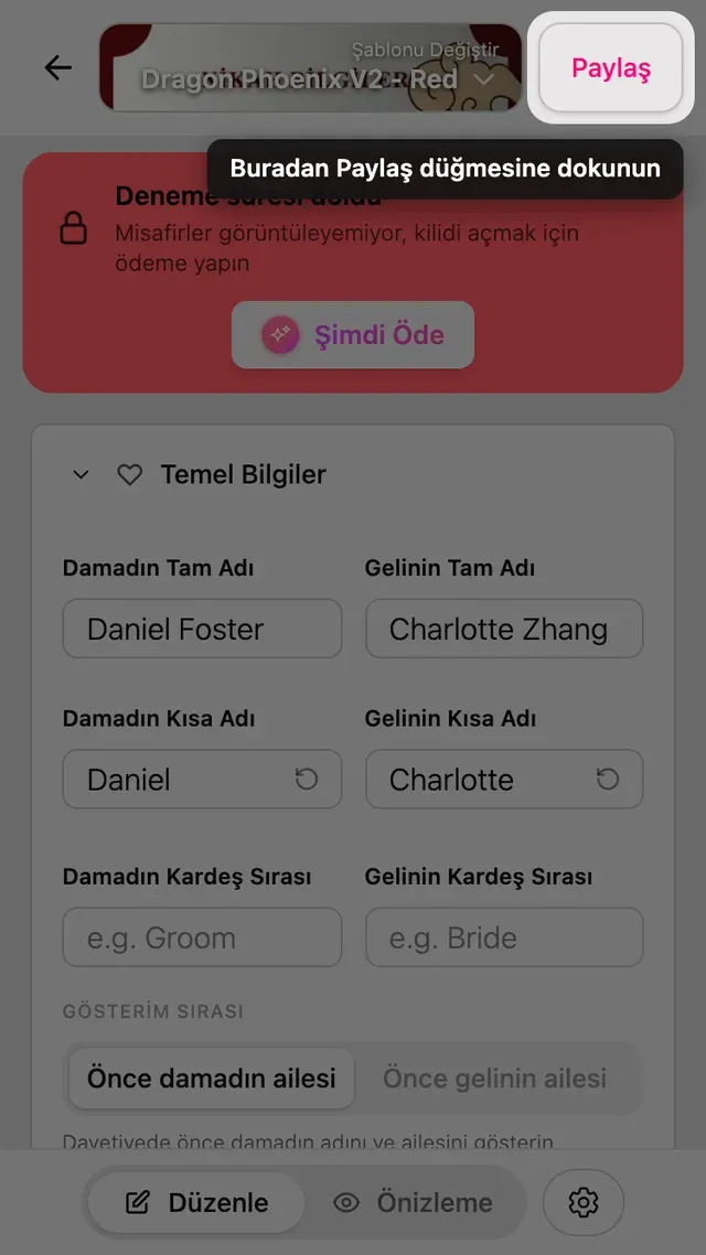 Düzenleyicideki Paylaş düğmesi