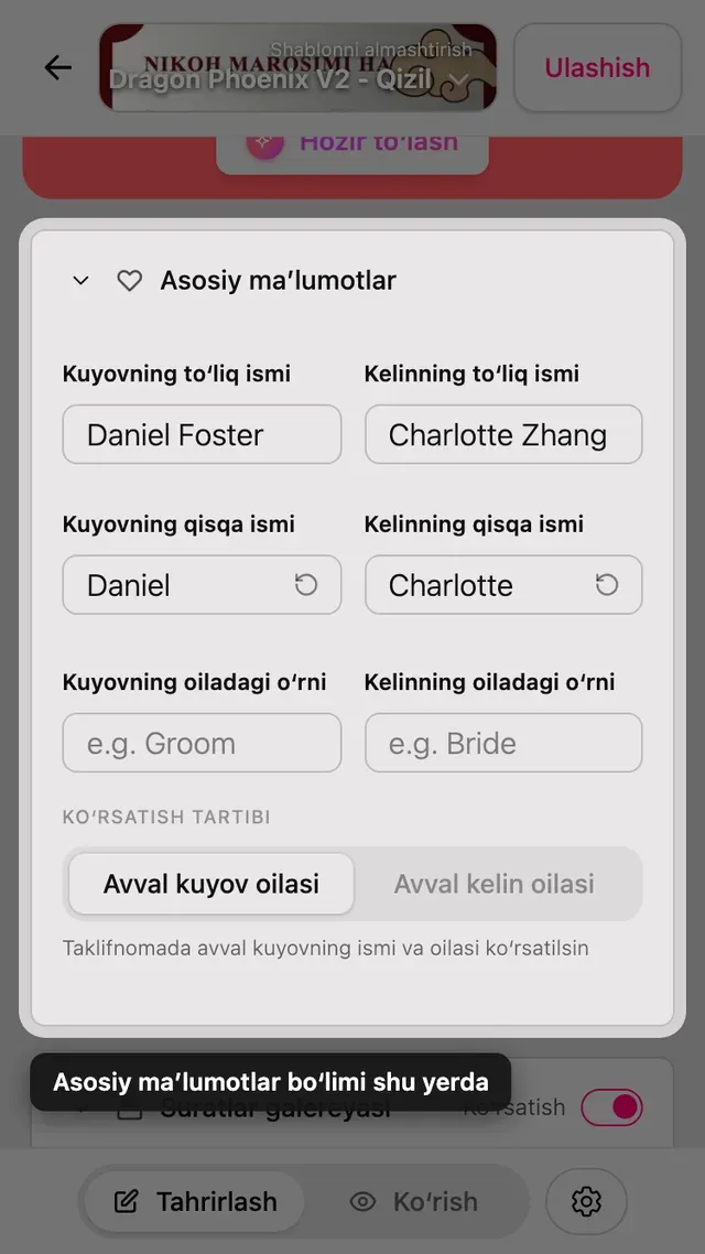 Muharrirdagi Asosiy maʼlumotlar boʻlimi