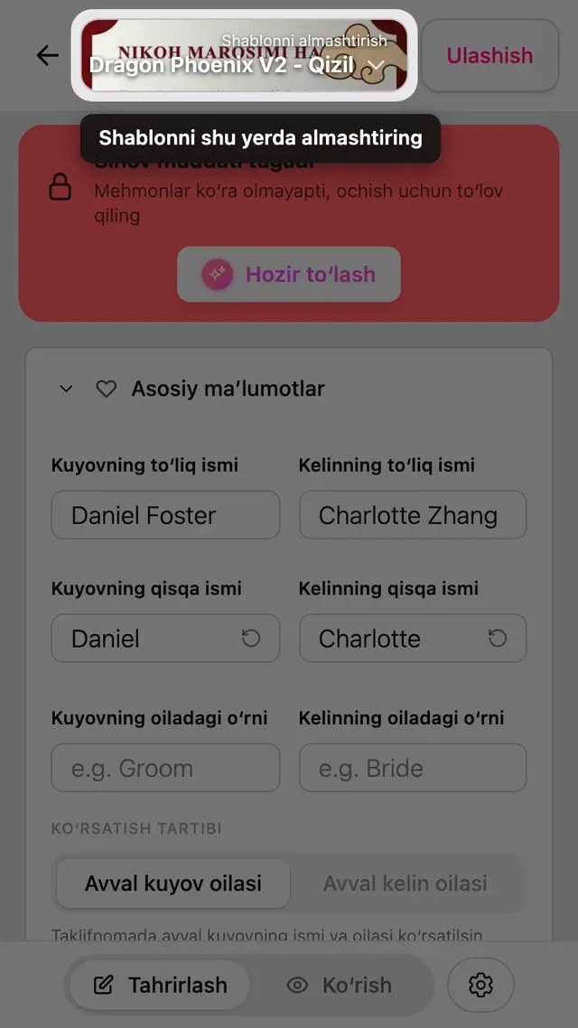 Muharrir yuqorisidagi Shablonni almashtirish tugmasi