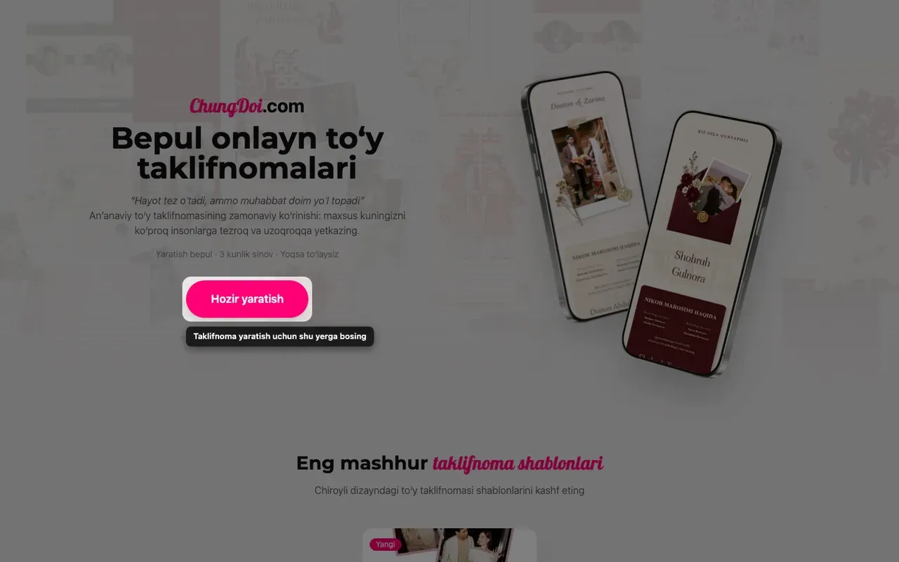 Tạo Thiệp Online bosh sahifasidagi taklifnoma yaratish tugmasi