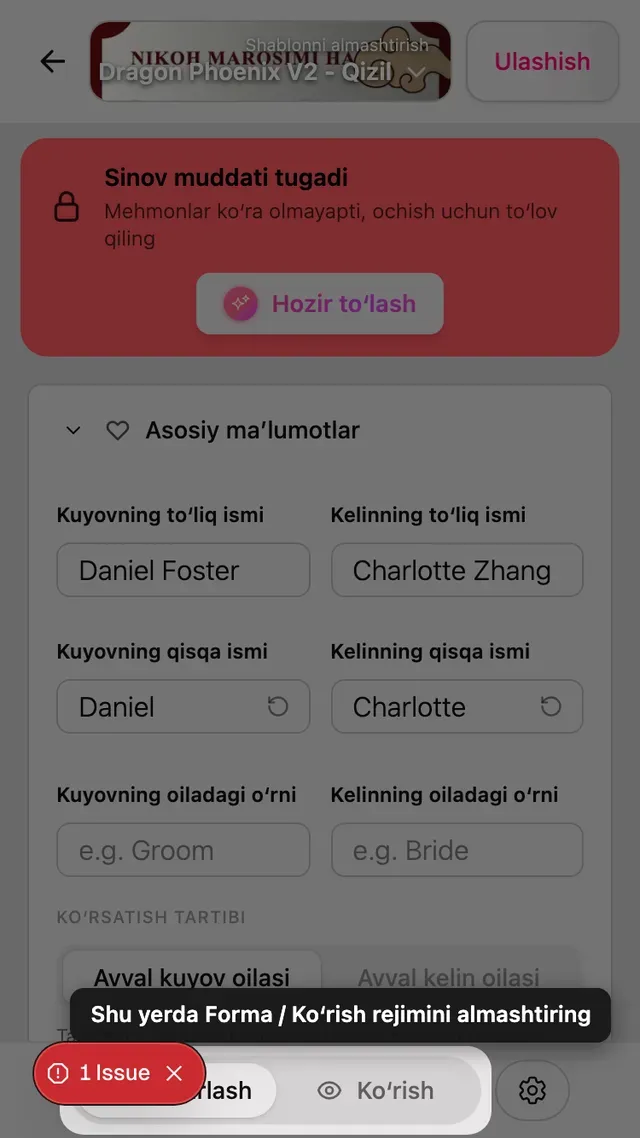 Muharrirdagi Shakl va Koʻrish almashtirgichi