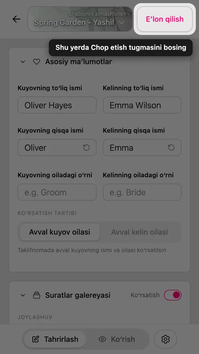 Muharrirdagi Eʼlon qilish tugmasi