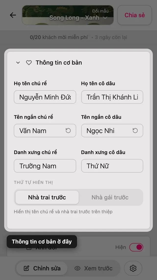 Phần Thông tin cơ bản trong trình chỉnh sửa