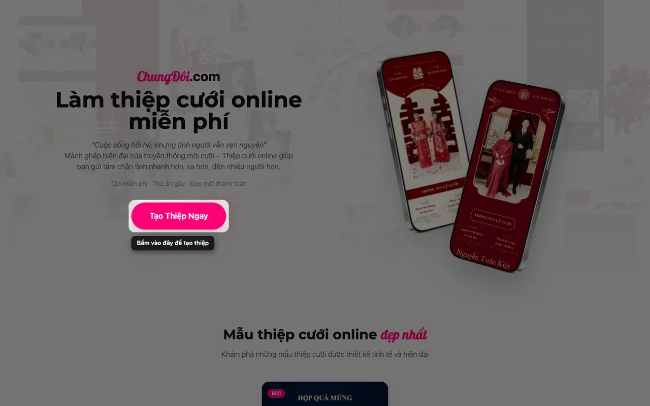 Nút tạo thiệp trên trang chủ Tạo Thiệp Online