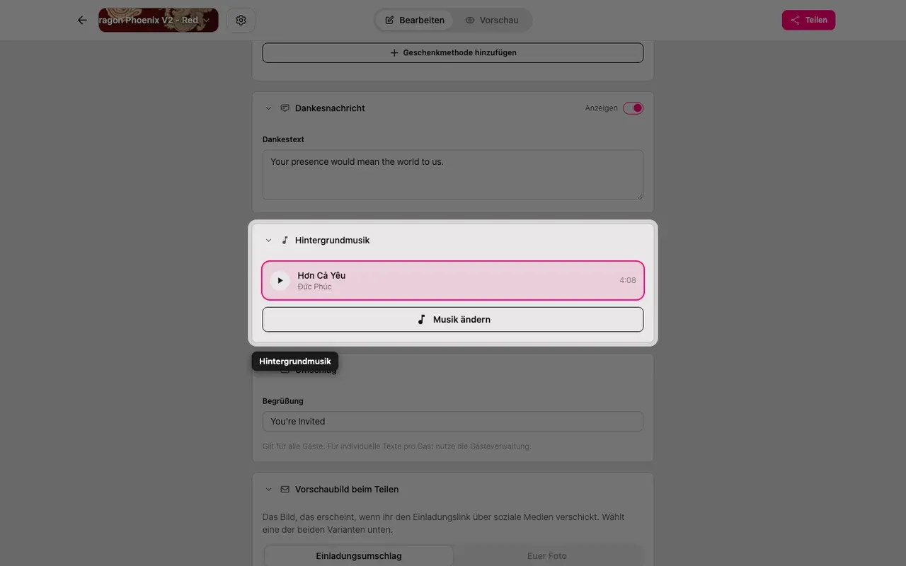 Der Abschnitt Hintergrundmusik im Editor
