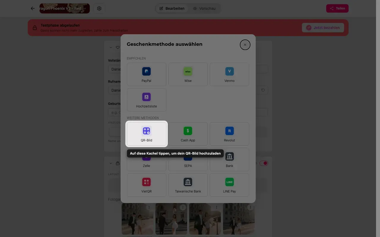 Die Kachel zum Hochladen eines QR-Codes in der Methodenauswahl