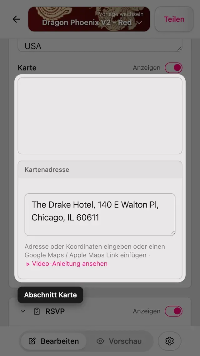 Der Abschnitt Karte im Editor