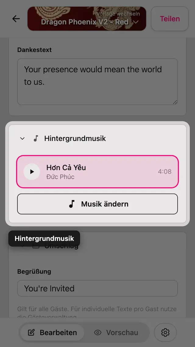 Der Abschnitt Hintergrundmusik im Editor