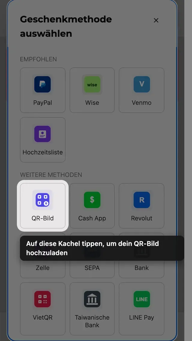 Die Kachel zum Hochladen eines QR-Codes in der Methodenauswahl