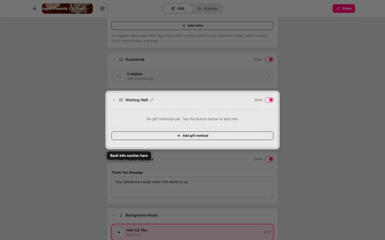 The gift details section in the editor