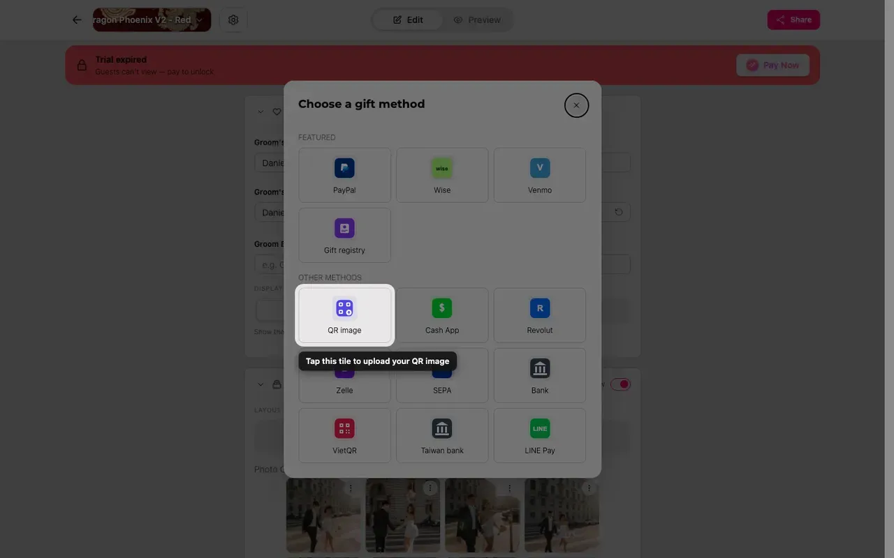 The upload-QR tile in the gift method picker