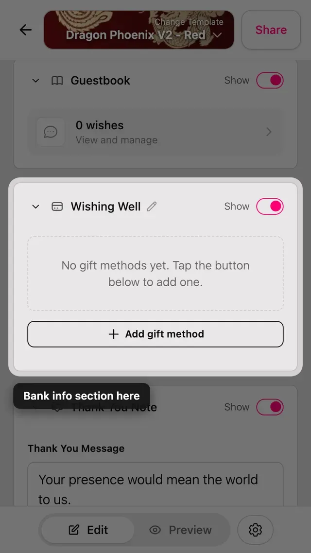 The gift details section in the editor