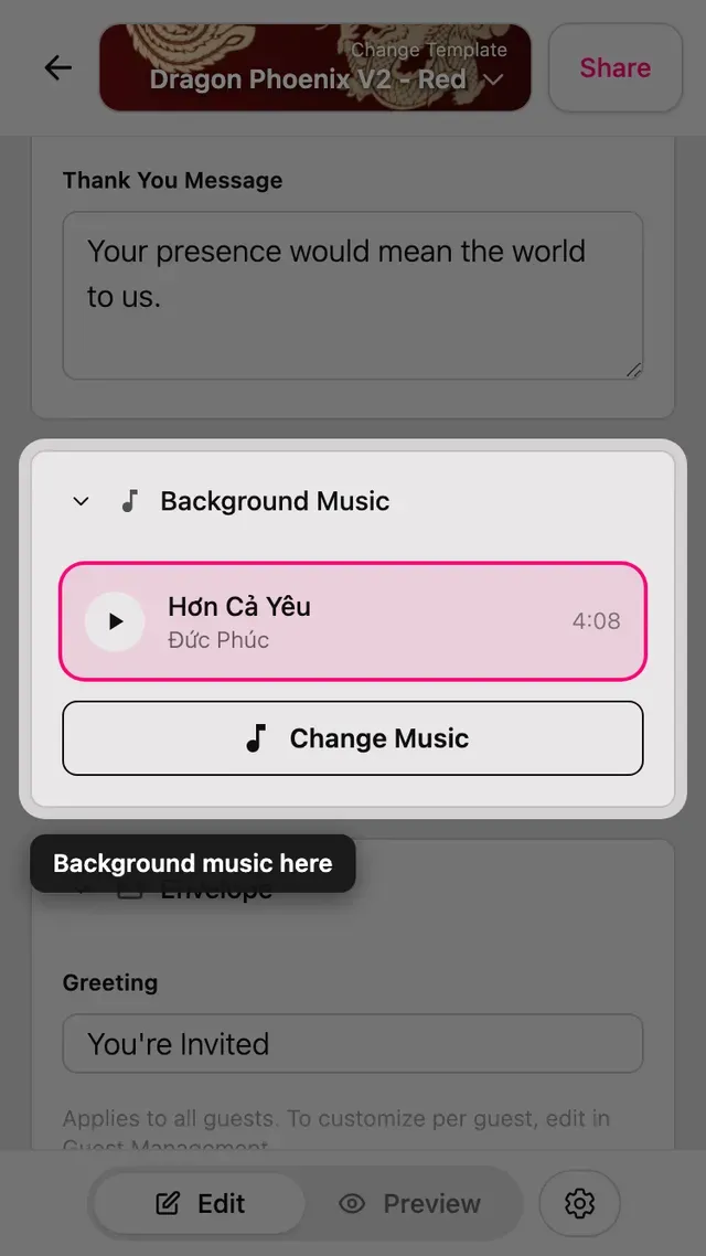 The background Music section in the editor