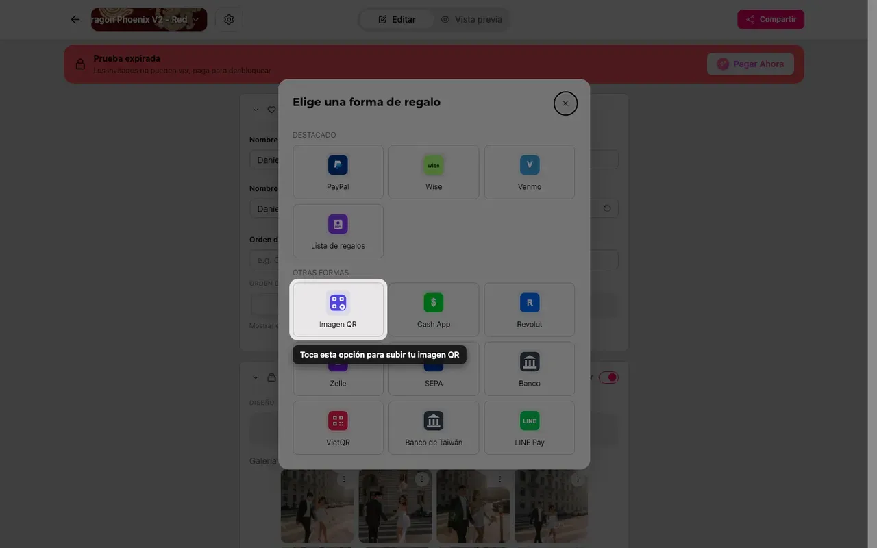 La casilla de subir QR en el selector de método de regalo