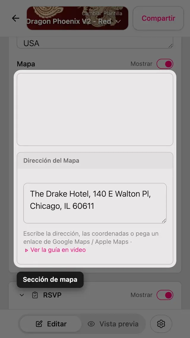 La sección Mapa en el editor