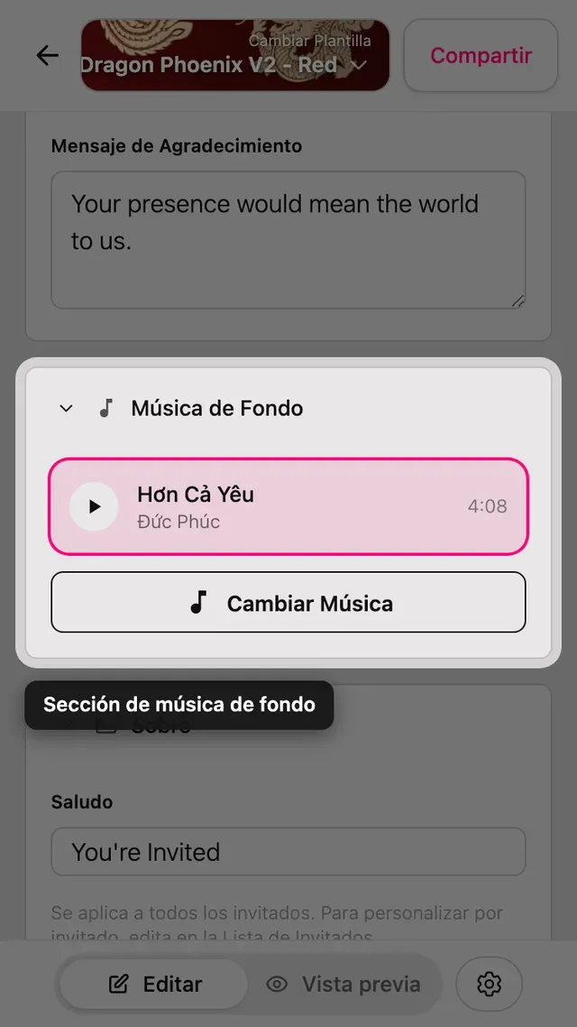 La sección Música de fondo en el editor