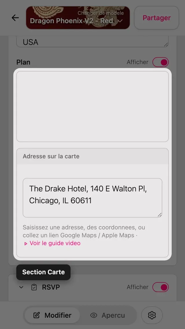 La section Carte dans l'éditeur