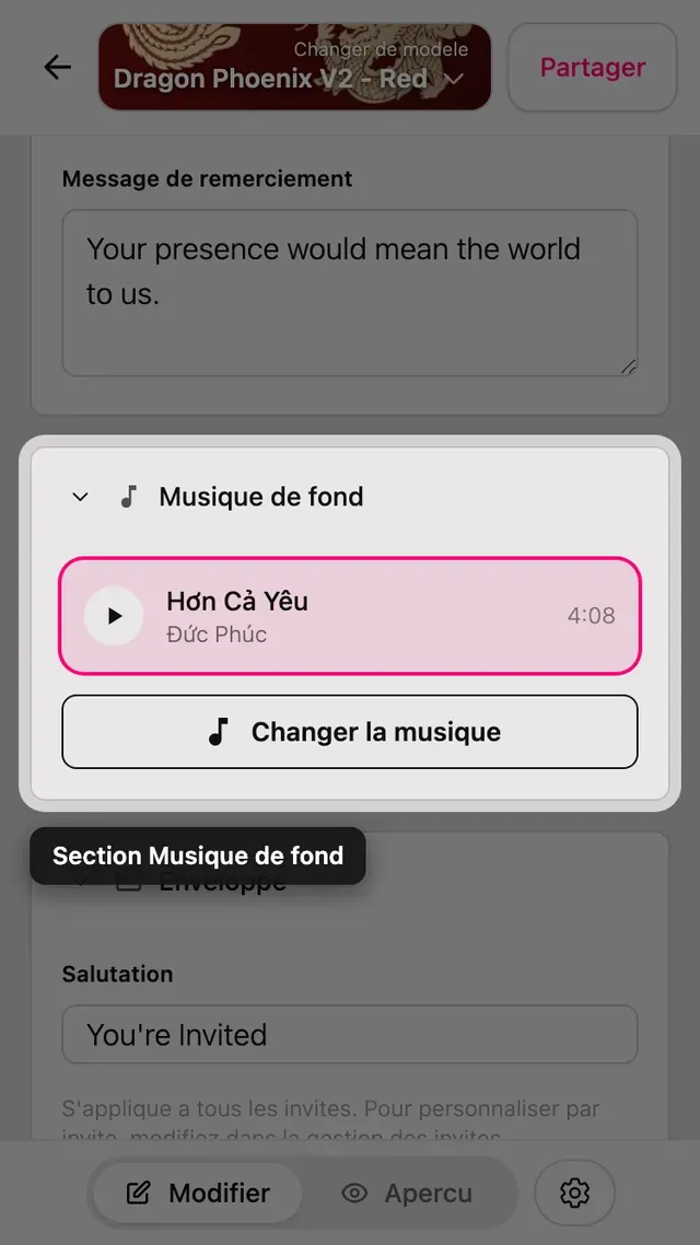 La section Musique de fond dans l'éditeur