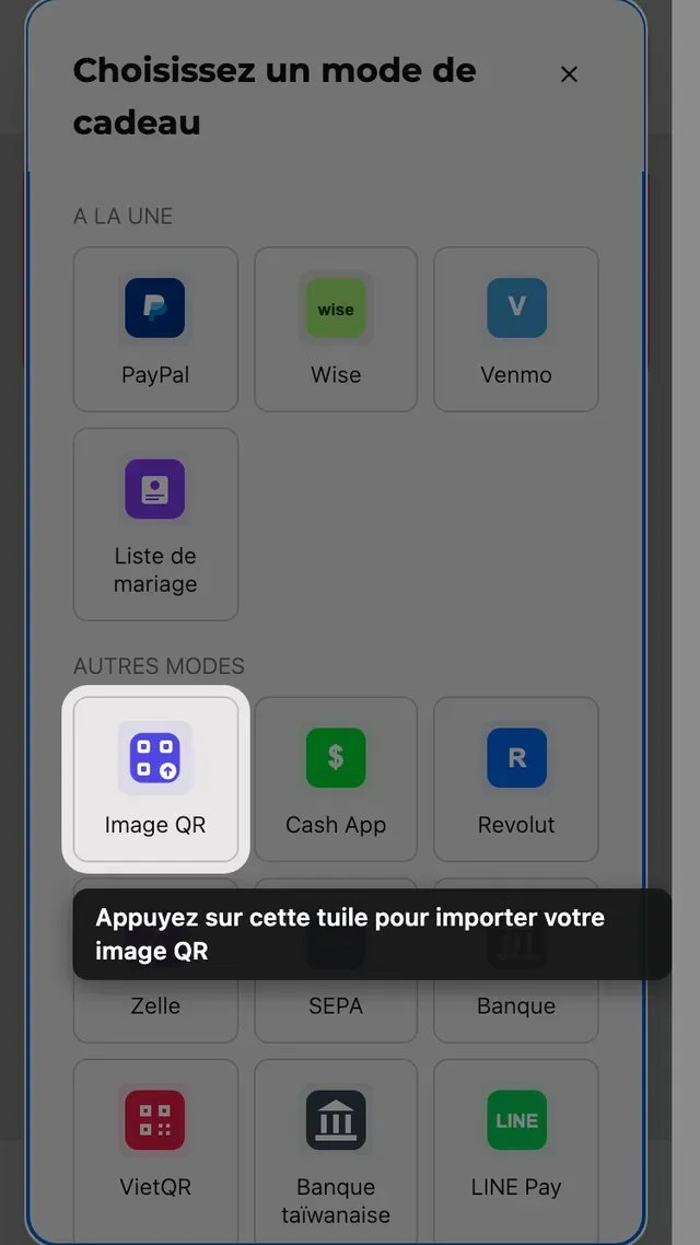 La tuile d'import de QR dans le sélecteur de méthode