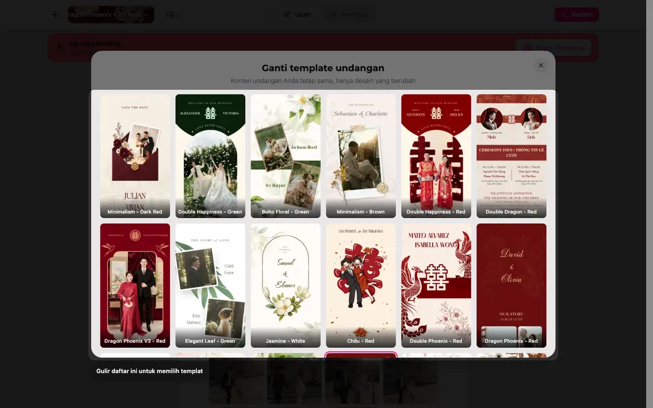 Daftar template di editor