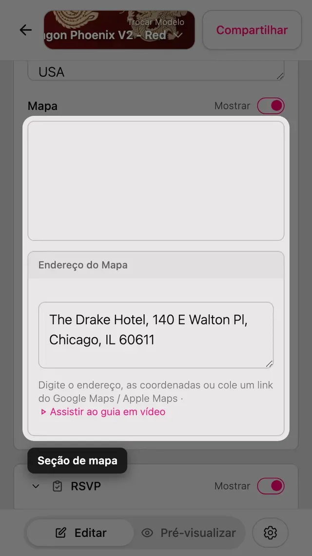 A seção Mapa no editor
