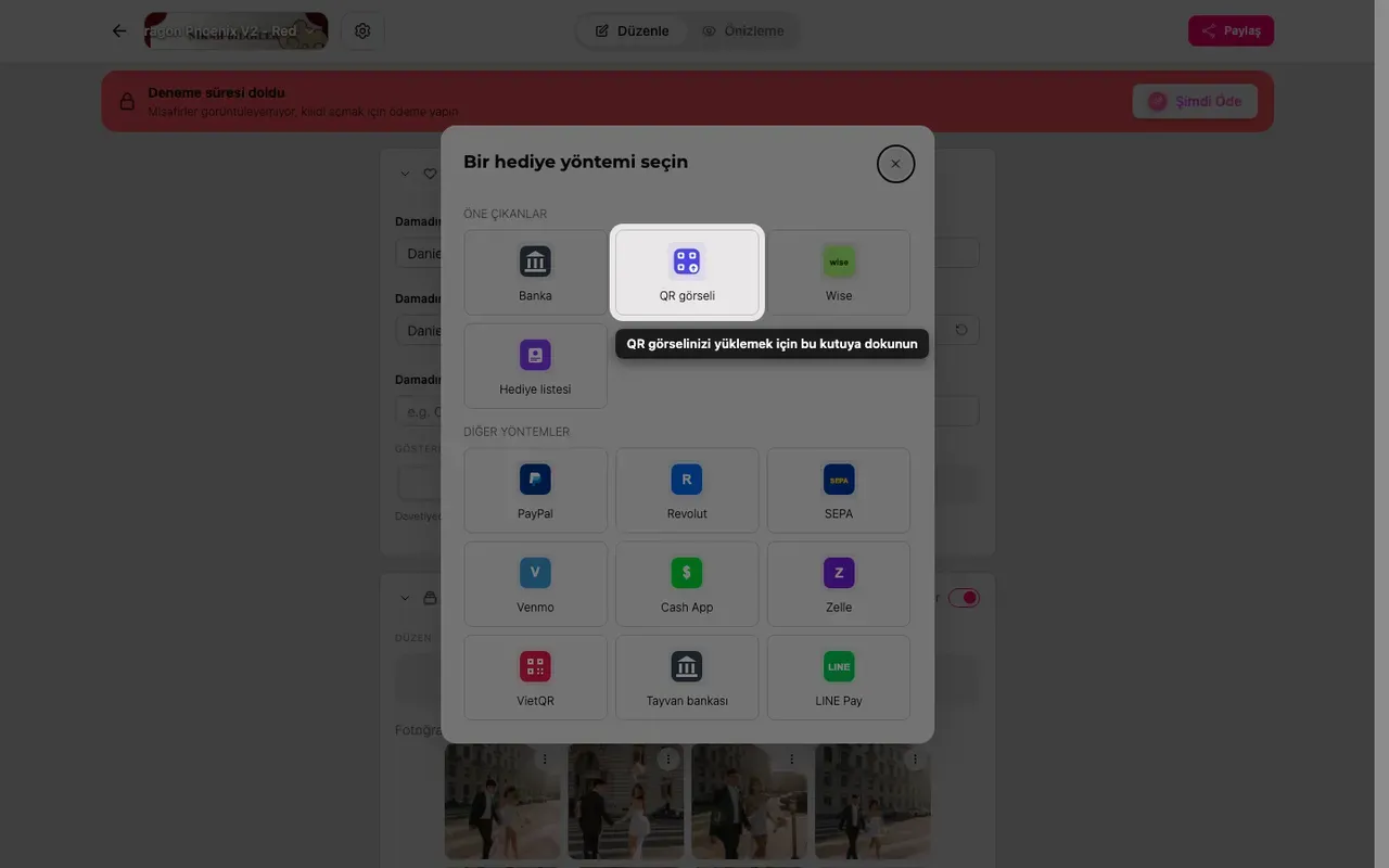 Hediye yöntemi seçicideki QR yükleme kutucuğu