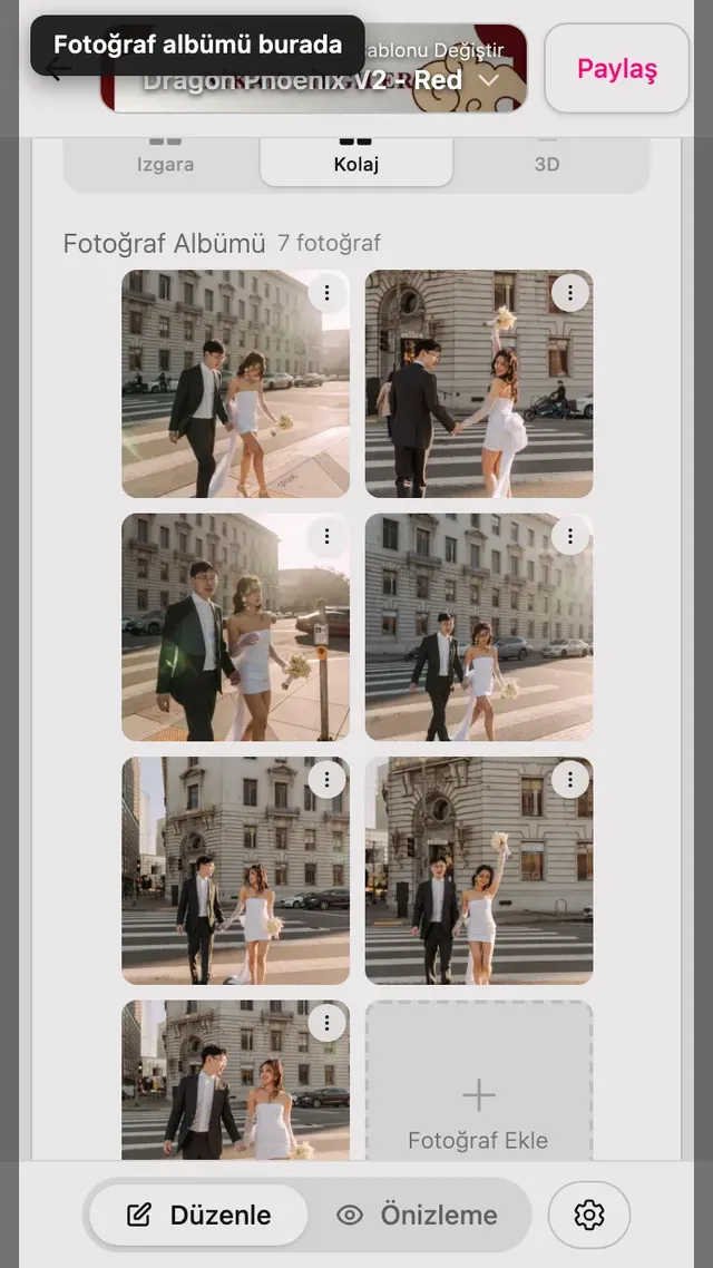 Düzenleyicideki Fotoğraf albümü bölümü