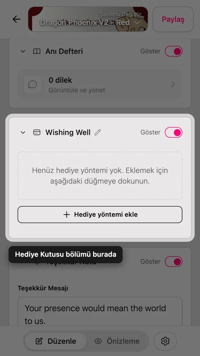 Düzenleyicideki hediye bilgileri bölümü