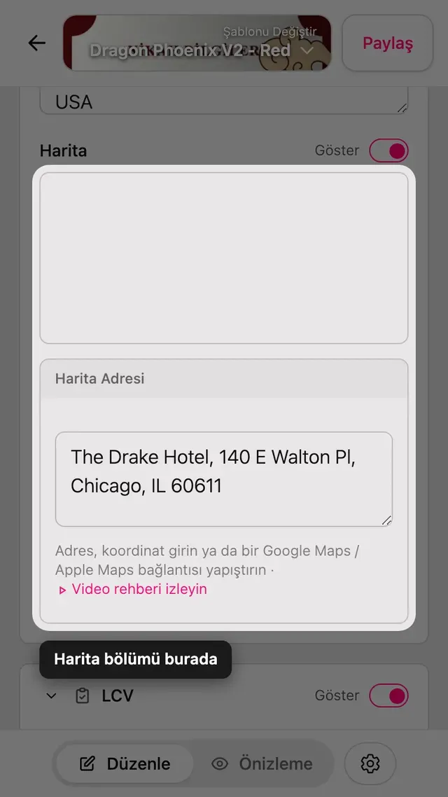 Düzenleyicideki Harita bölümü