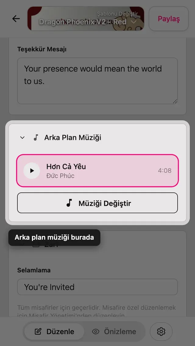 Düzenleyicideki arka plan Müzik bölümü