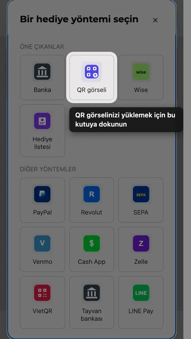 Hediye yöntemi seçicideki QR yükleme kutucuğu