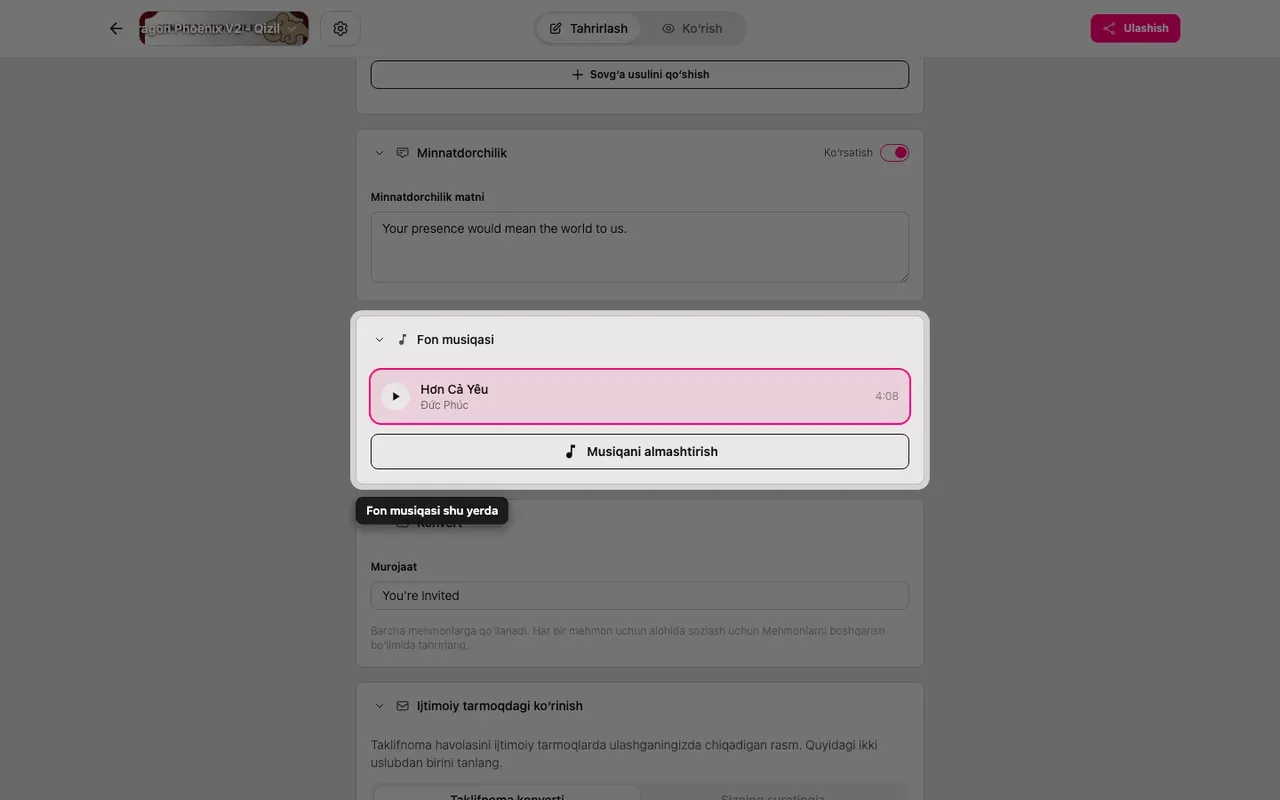 Muharrirdagi fon Musiqa boʻlimi