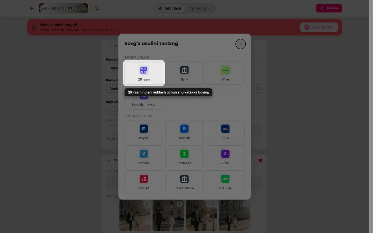 Sovgʻa usuli tanlash oynasidagi QR yuklash katakchasi