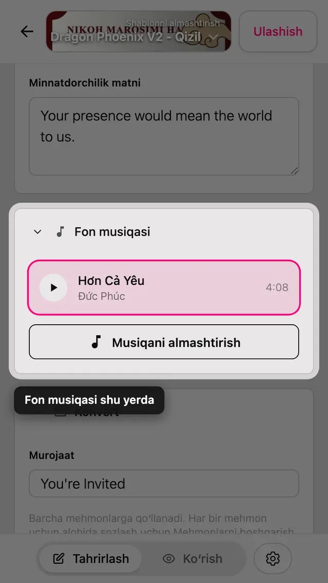 Muharrirdagi fon Musiqa boʻlimi