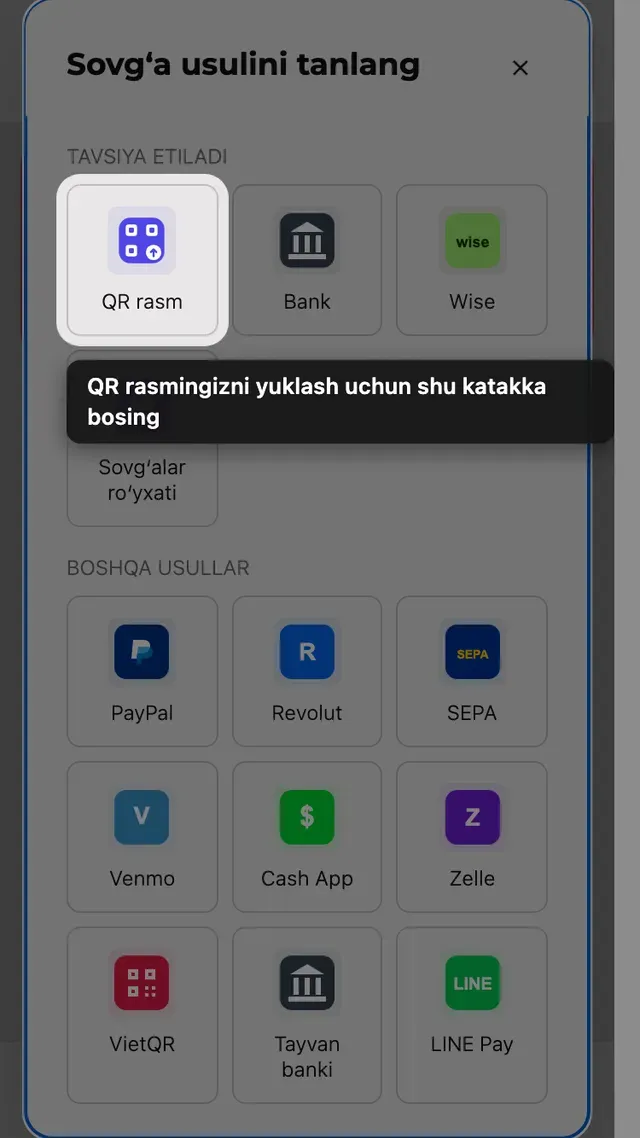 Sovgʻa usuli tanlash oynasidagi QR yuklash katakchasi