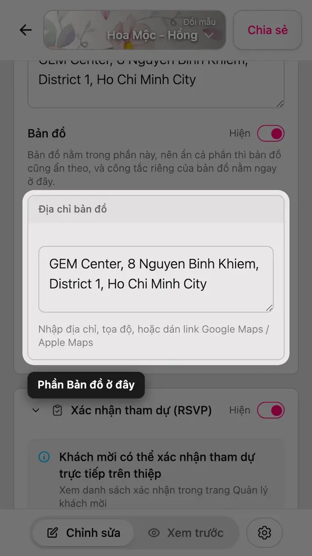 Phần Bản đồ trong trình chỉnh sửa