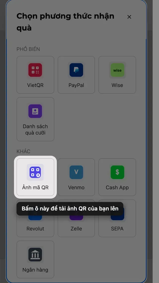 Ô tải ảnh mã QR trong bảng chọn phương thức mừng cưới