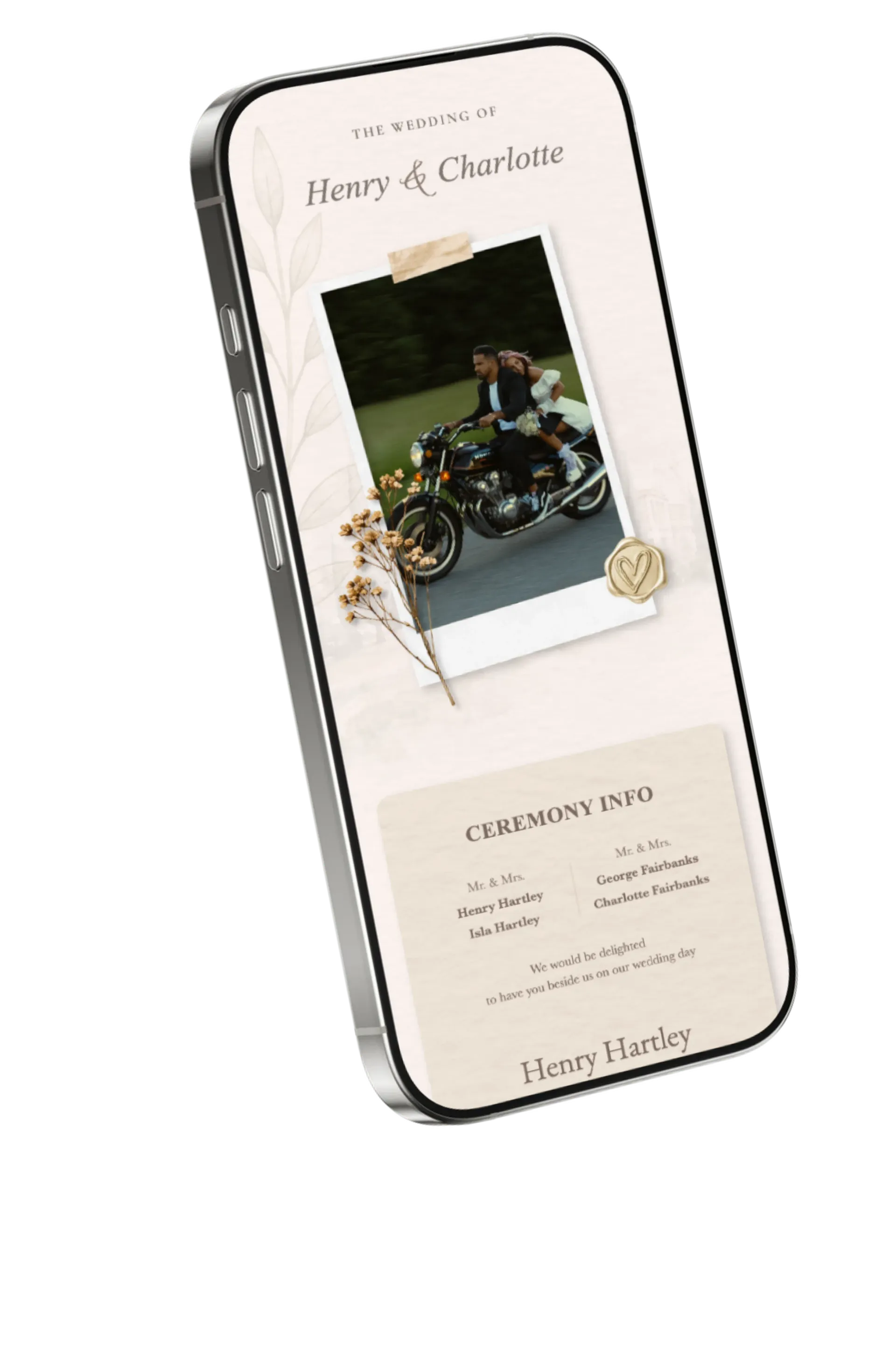 Wedding website schedule and venue map on a phone