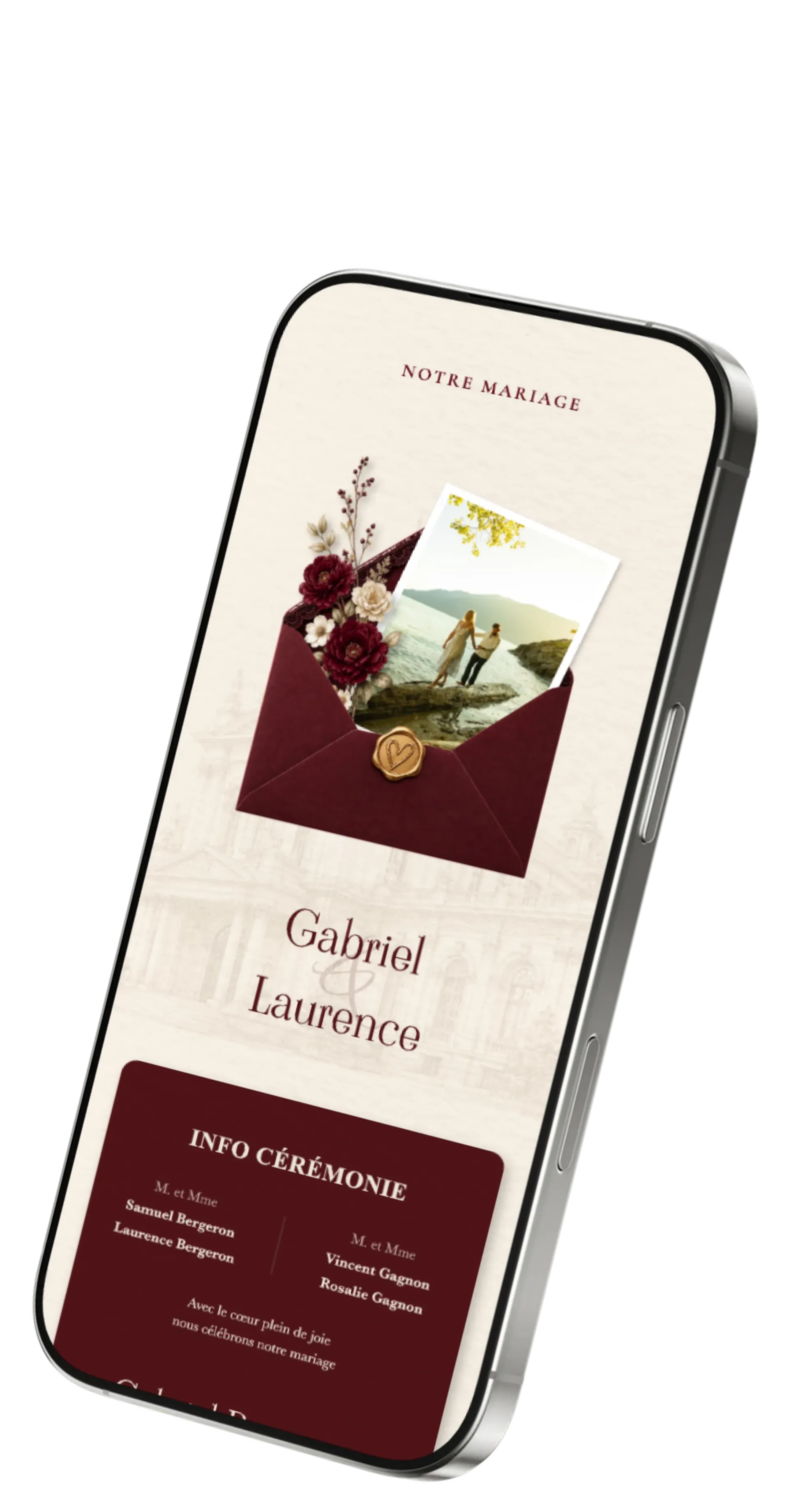 Invitation de mariage en ligne Tạo Thiệp Online affichée sur un téléphone