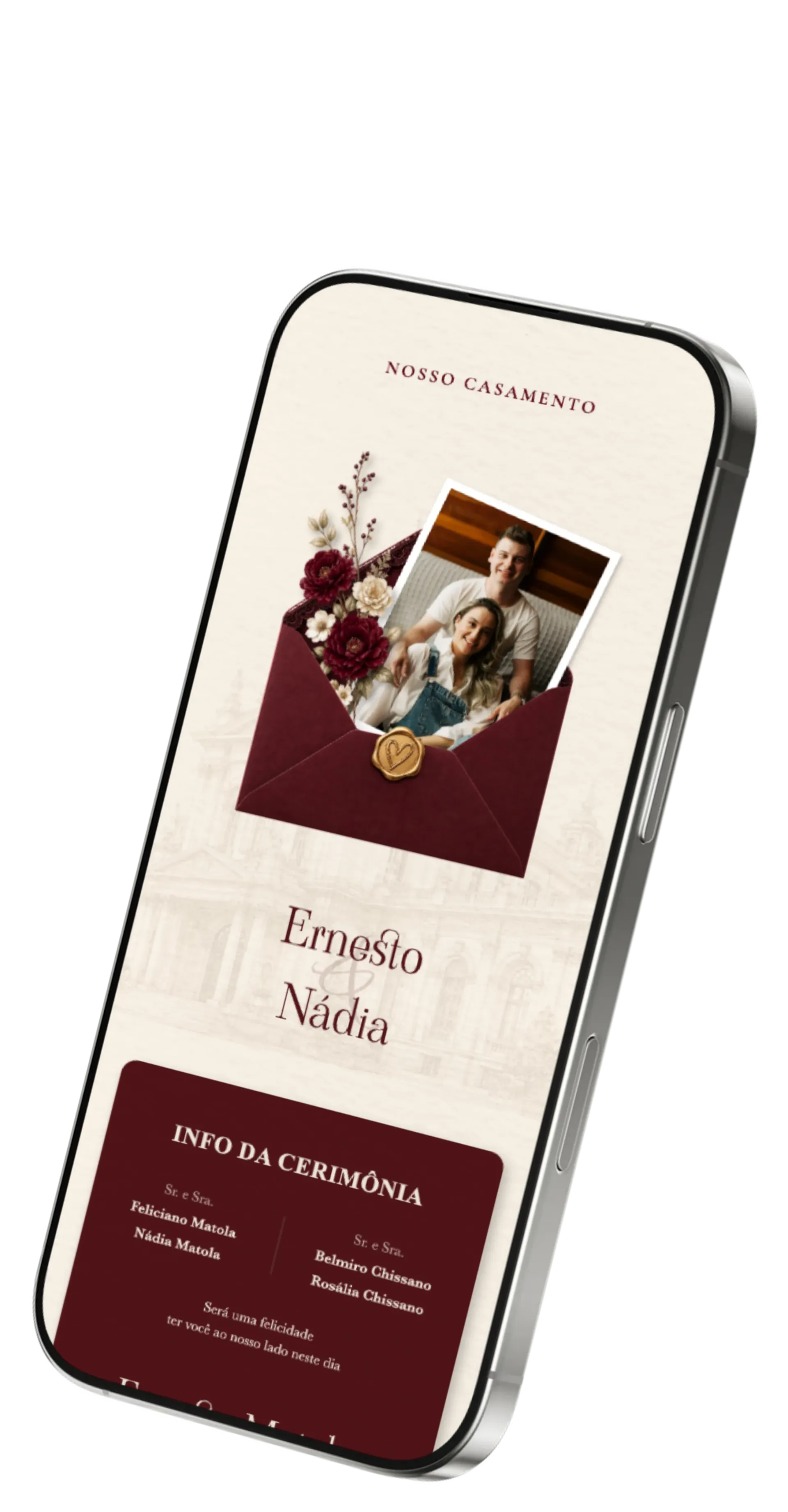 Convite de casamento online Tạo Thiệp Online exibido em um celular